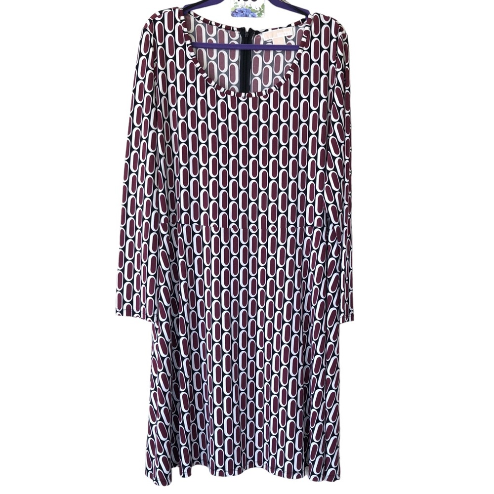 (81) Michael Kors Long Sleeve Knee Length Brown/Black-White Dress (2X)